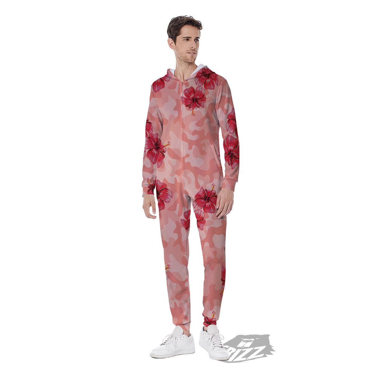 Camouflage Pink Hibiscus Flower Print Pattern Men's Jumpsuit-grizzshop
