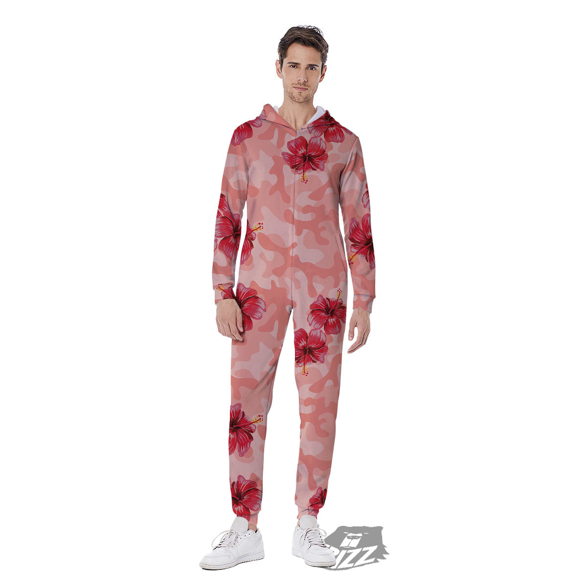 Camouflage Pink Hibiscus Flower Print Pattern Men's Jumpsuit-grizzshop