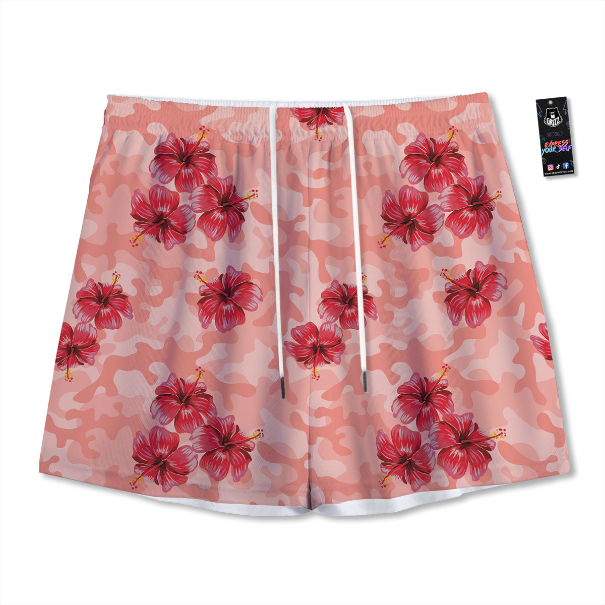 Camouflage Pink Hibiscus Flower Print Pattern Mesh Shorts