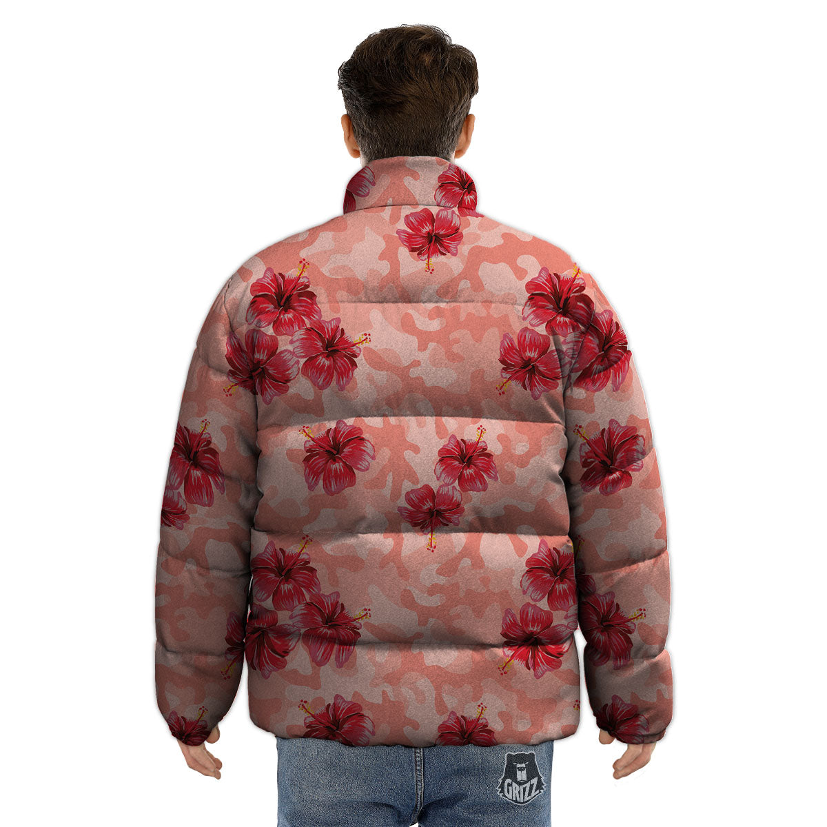 Camouflage Pink Hibiscus Flower Print Pattern Puffer Jacket-grizzshop