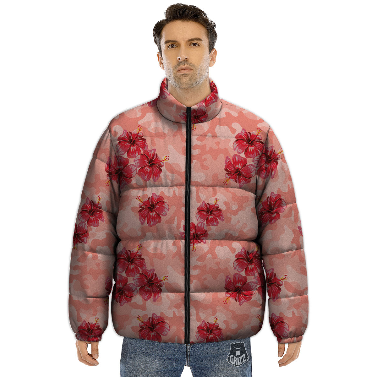 Camouflage Pink Hibiscus Flower Print Pattern Puffer Jacket-grizzshop