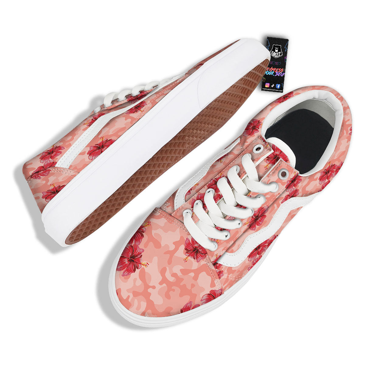 Camouflage Pink Hibiscus Flower Print Pattern Skate Shoes-grizzshop