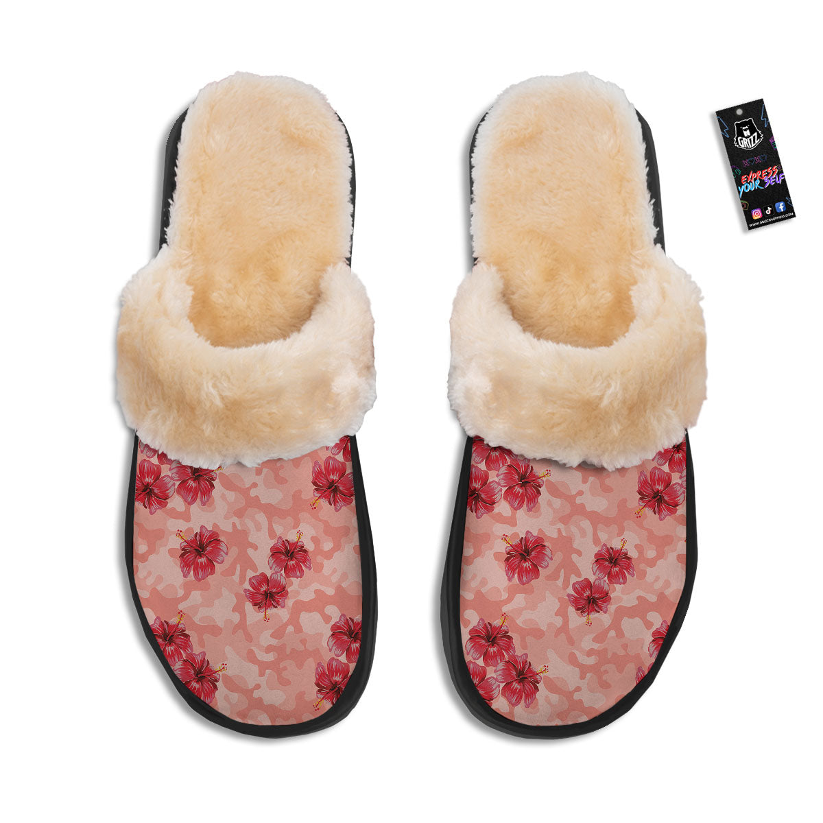 Camouflage Pink Hibiscus Flower Print Pattern Slippers-grizzshop