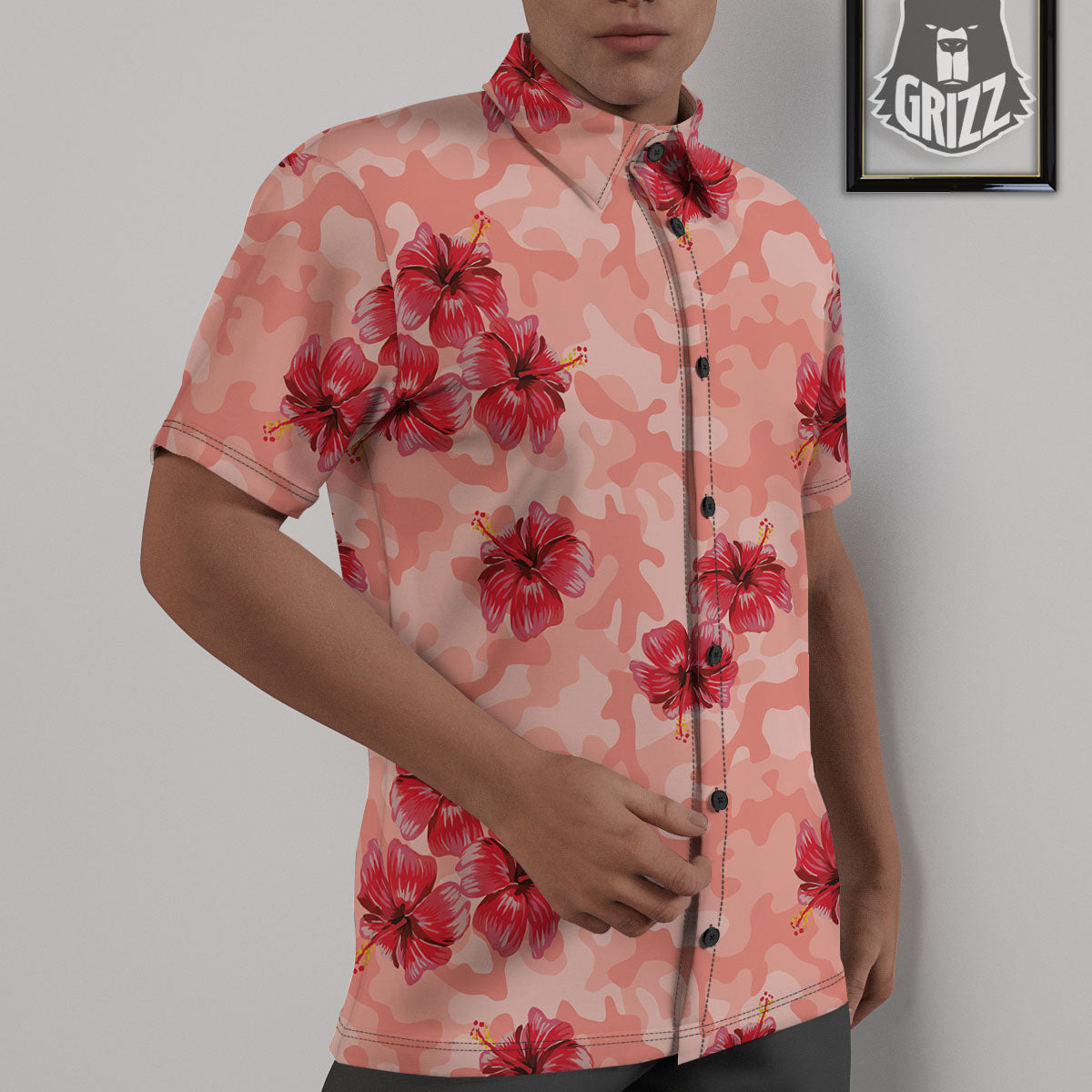 Camouflage Pink Hibiscus Flower Print Pattern Untucked Shirts-grizzshop