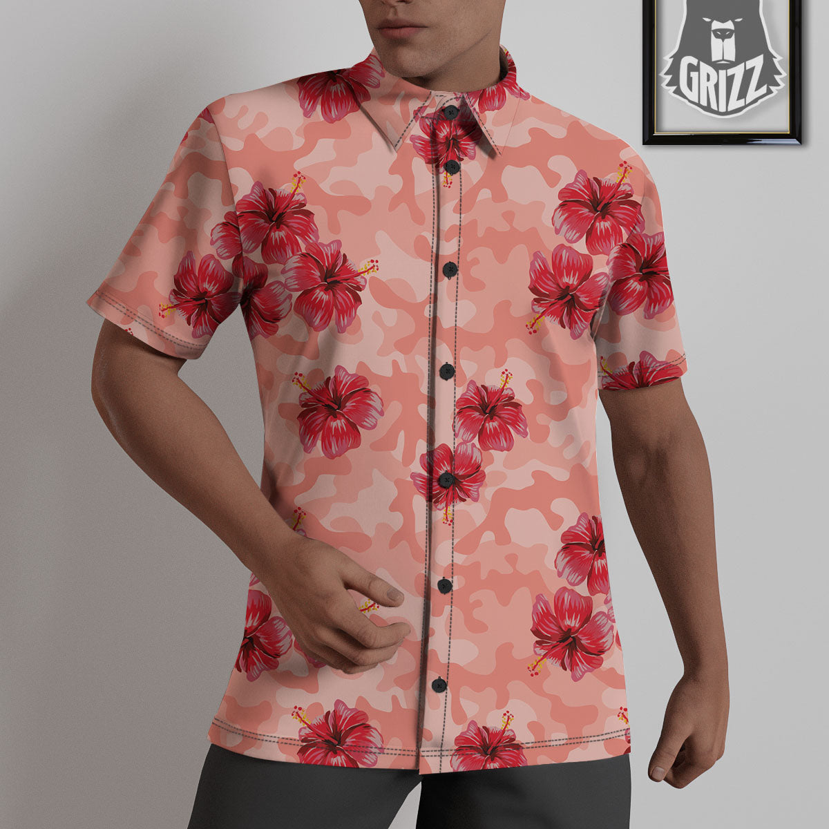 Camouflage Pink Hibiscus Flower Print Pattern Untucked Shirts-grizzshop
