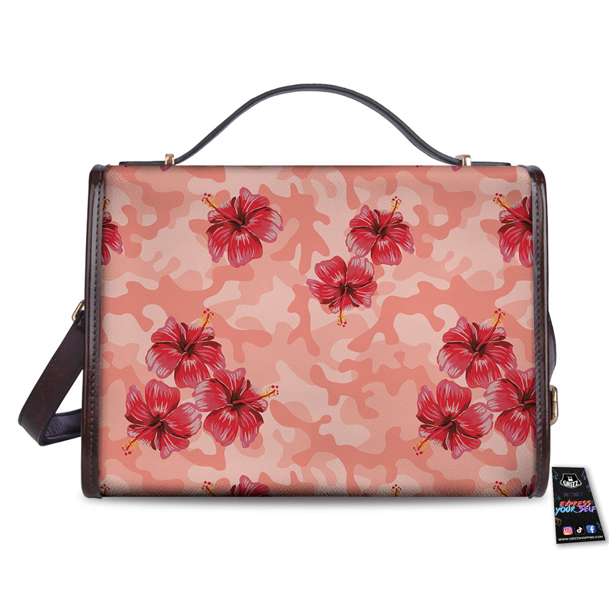 Camouflage Pink Hibiscus Flower Print Pattern Women's Satchel Bag-grizzshop