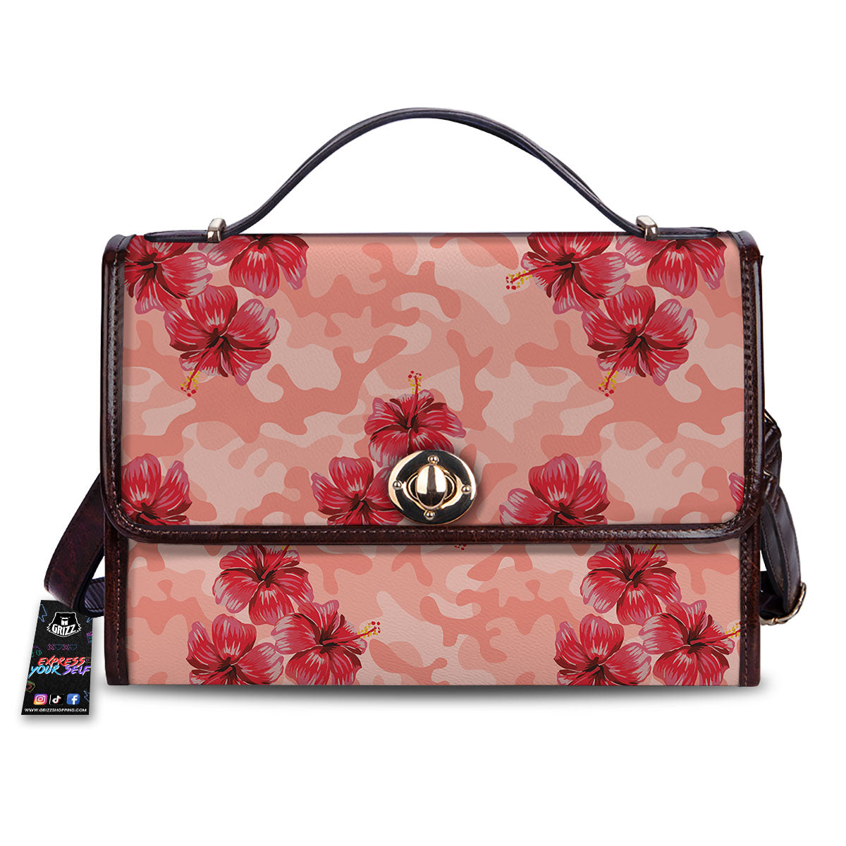 Camouflage Pink Hibiscus Flower Print Pattern Women's Satchel Bag-grizzshop