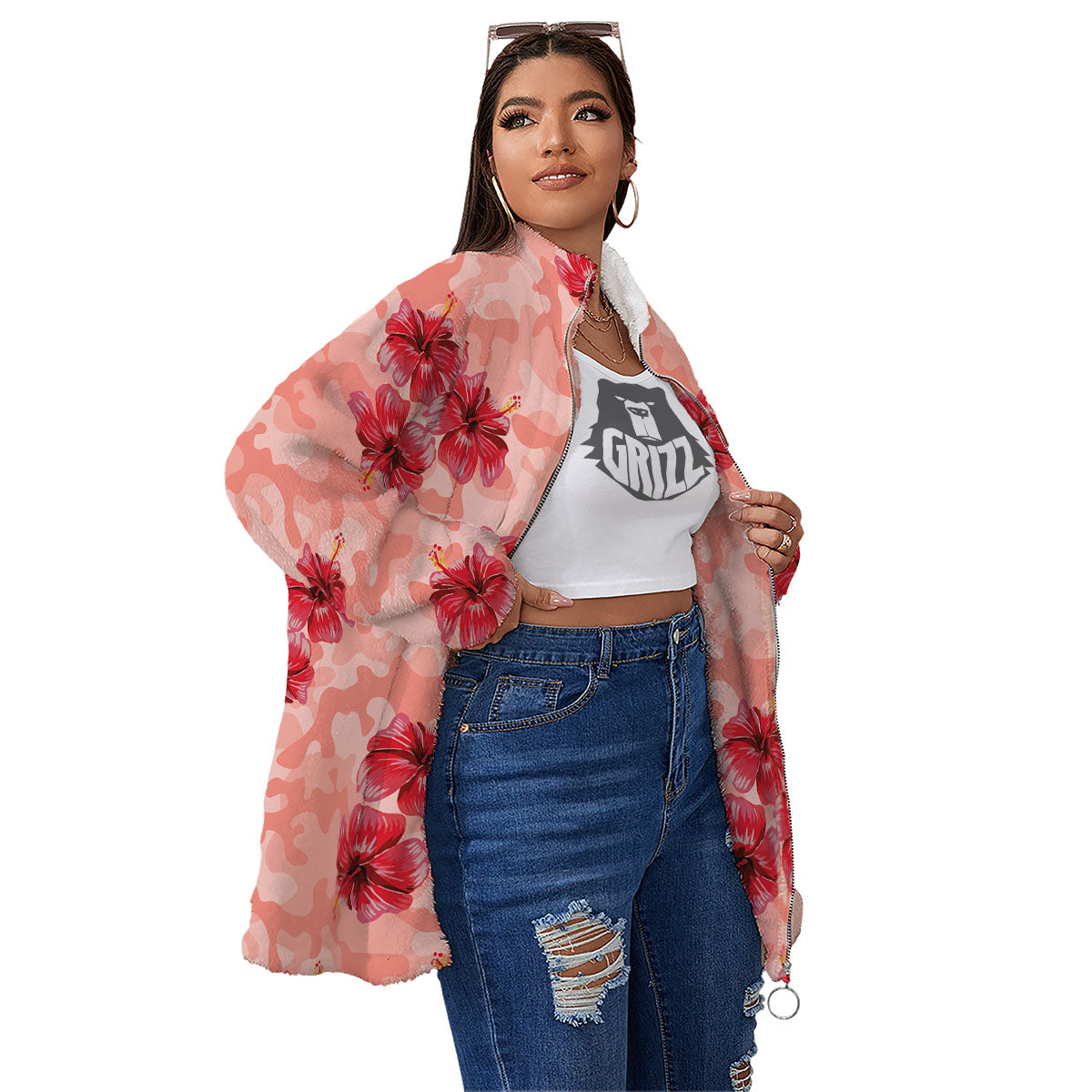 Camouflage Pink Hibiscus Flower Print Pattern Women's Sherpa Jacket-grizzshop