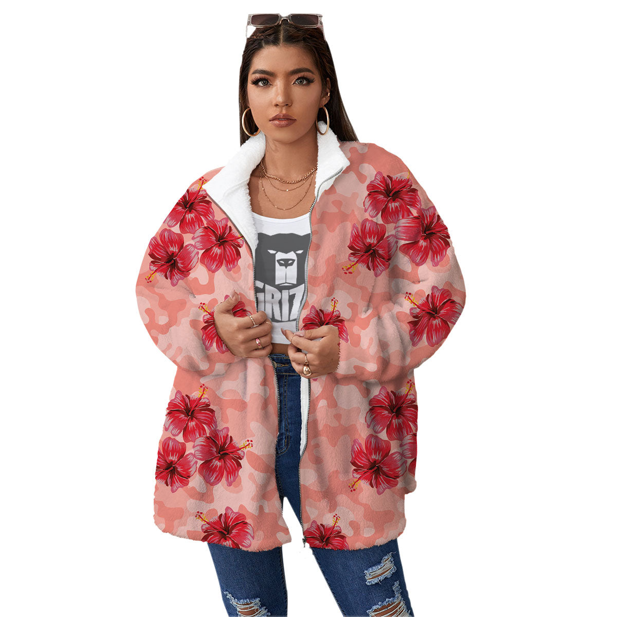 Camouflage Pink Hibiscus Flower Print Pattern Women's Sherpa Jacket-grizzshop