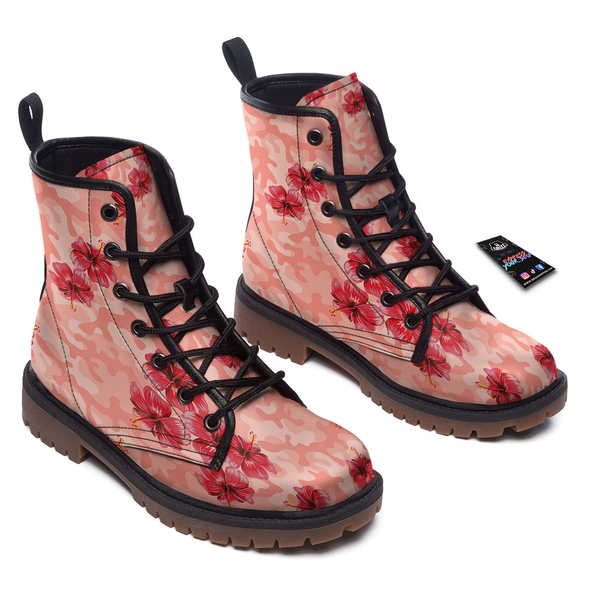Camouflage Pink Hibiscus Flower Print Pattern Work Boots-grizzshop