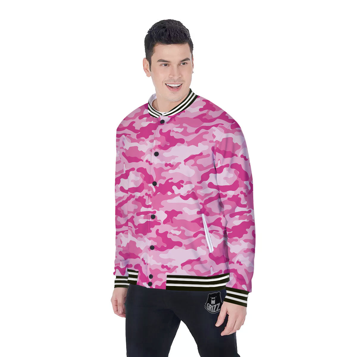 Camouflage Pink Print Pattern Baseball Jacket-grizzshop