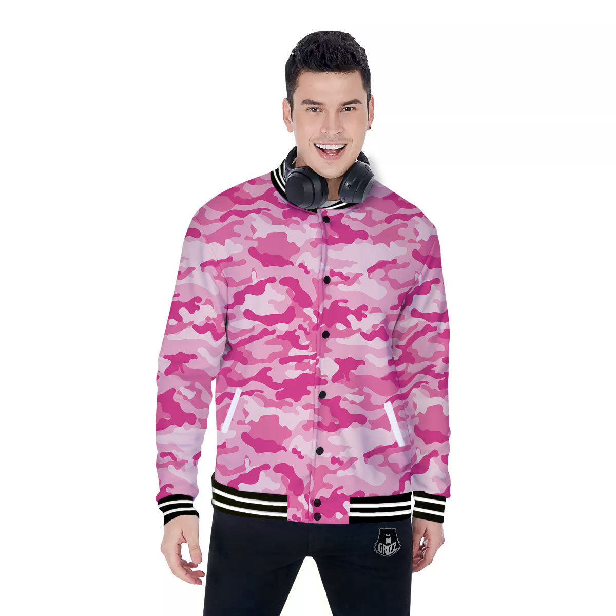 Camouflage Pink Print Pattern Baseball Jacket-grizzshop