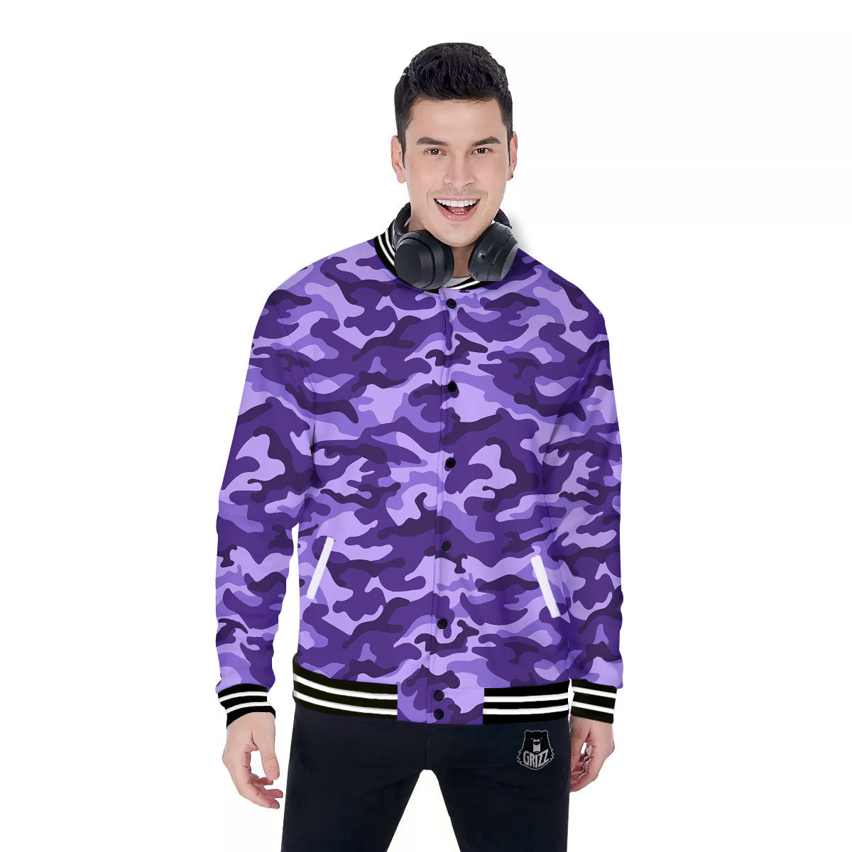 Camouflage Purple Print Pattern Baseball Jacket-grizzshop