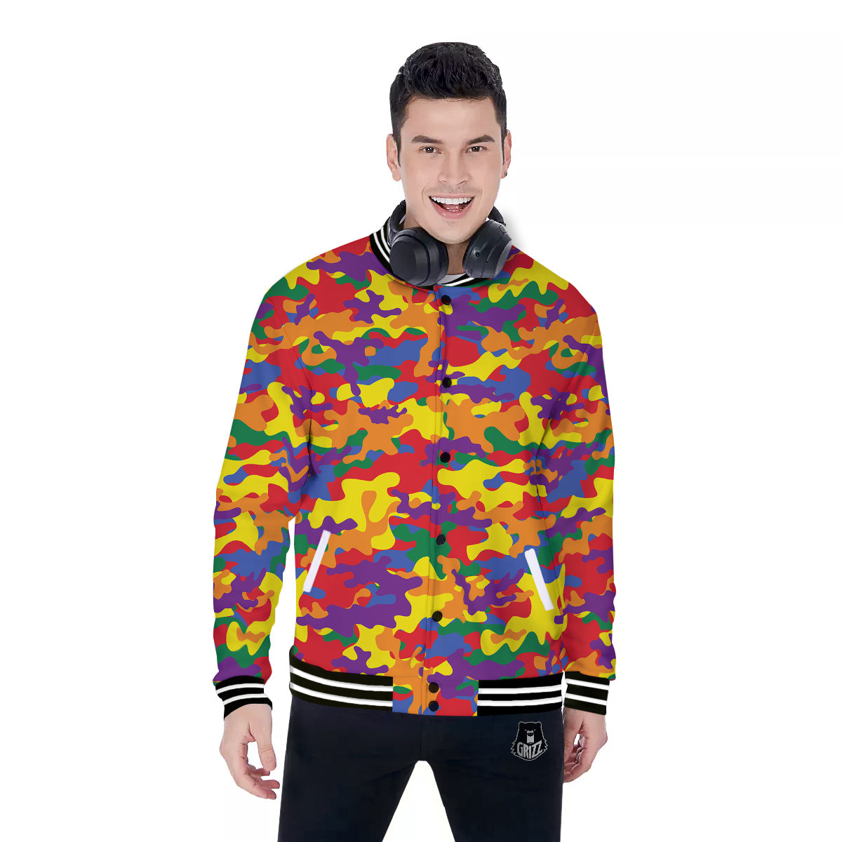 Camouflage Rainbow Print Baseball Jacket-grizzshop