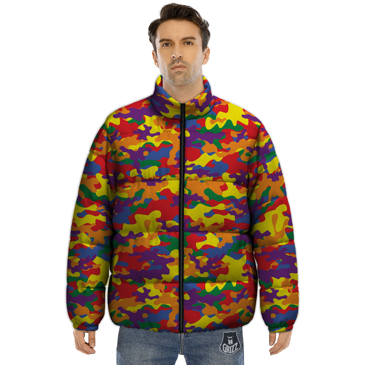 Camouflage Rainbow Print Puffer Jacket-grizzshop