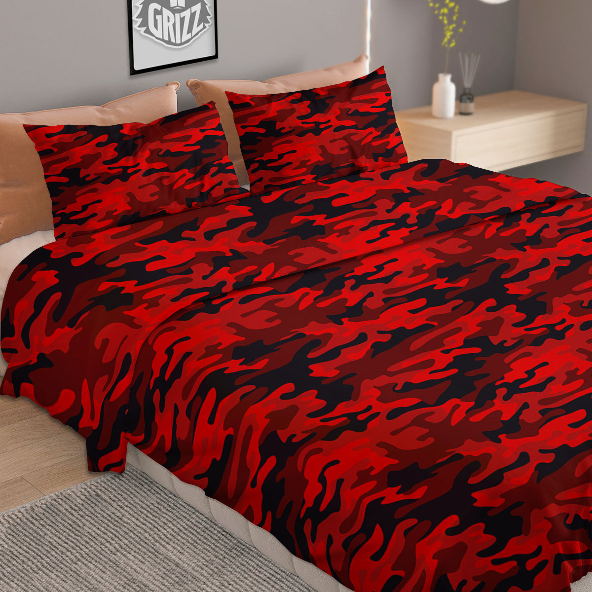 Camouflage Red And Black Print Duvet Cover Bedding Set