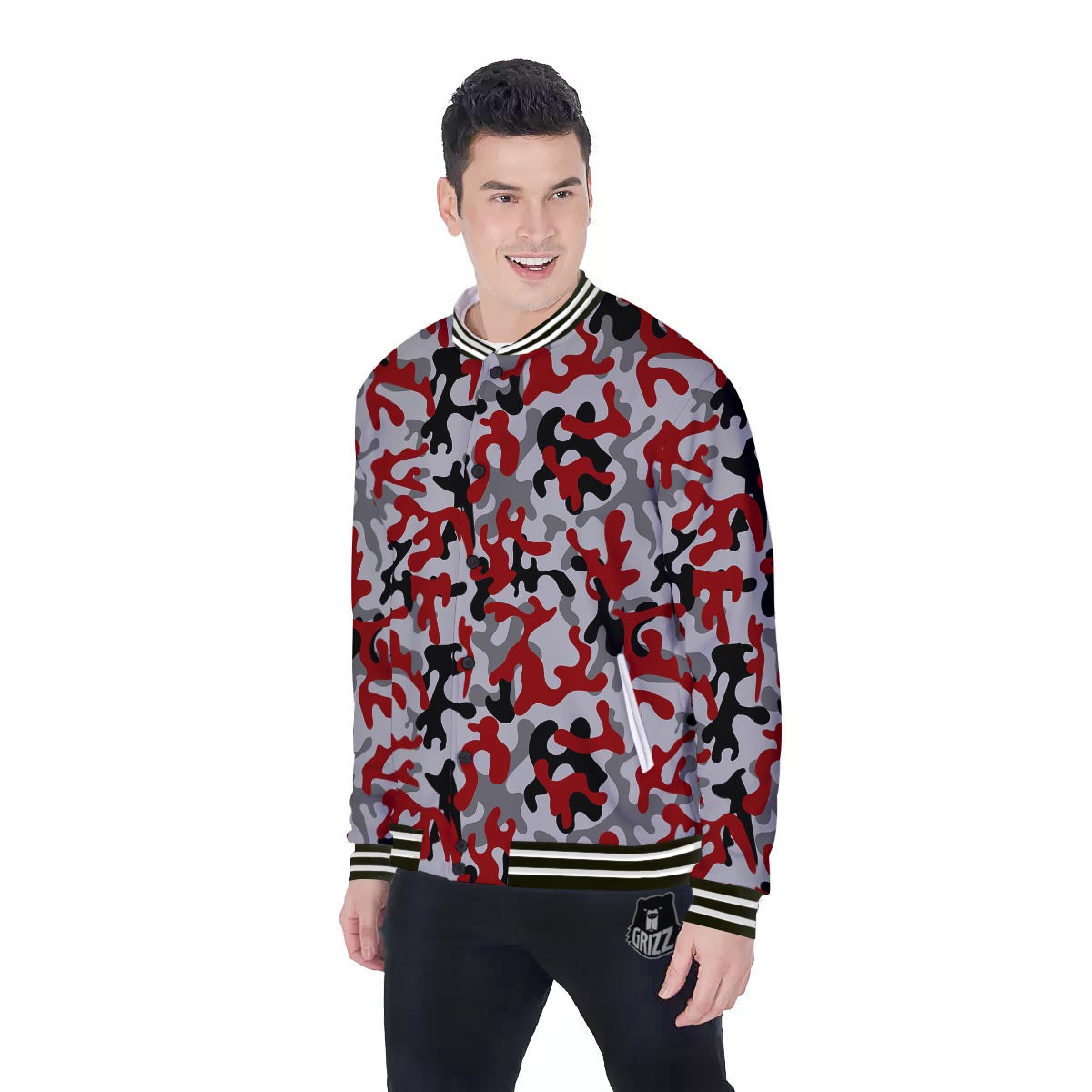 Camouflage Red Grey Print Pattern Baseball Jacket-grizzshop