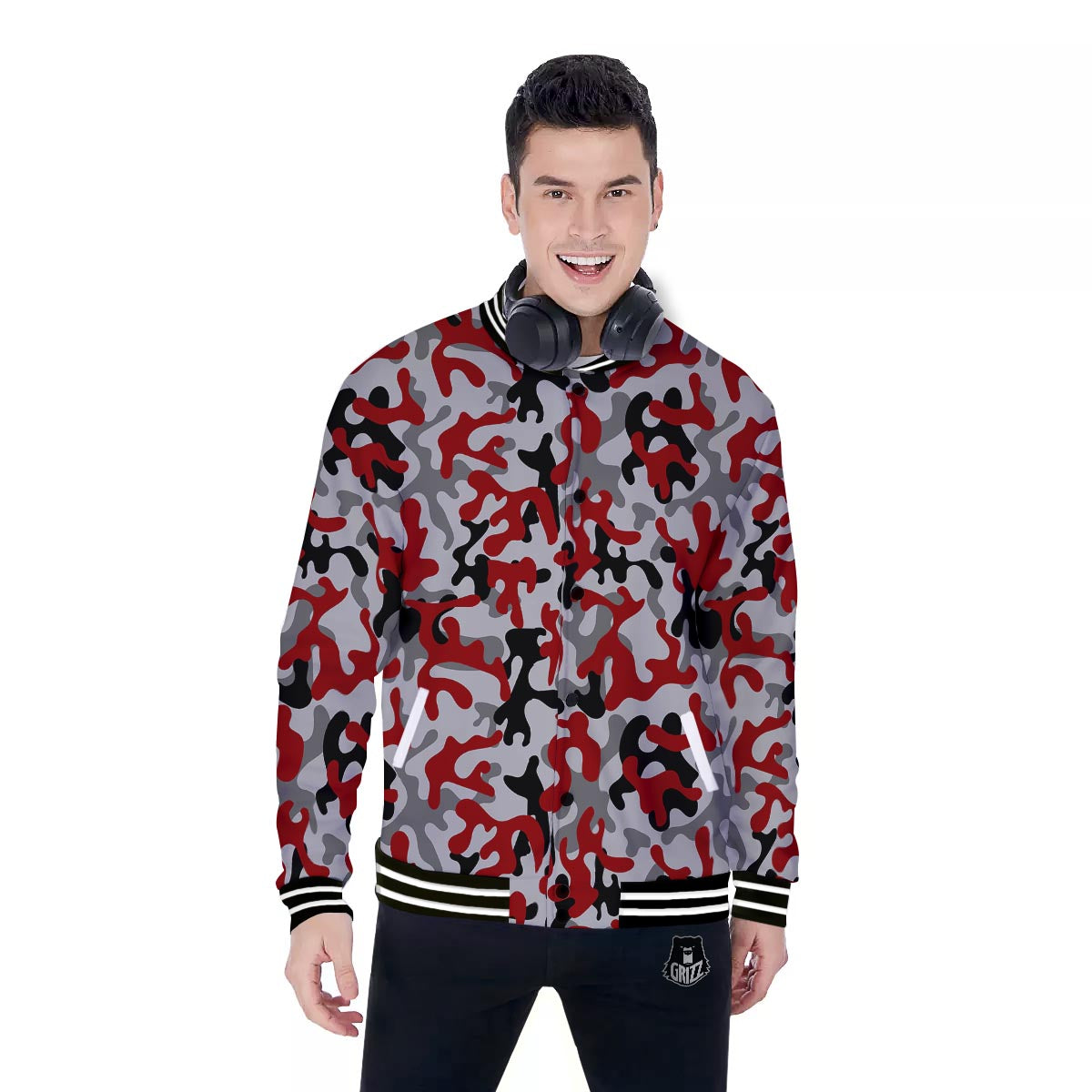 Camouflage Red Grey Print Pattern Baseball Jacket-grizzshop