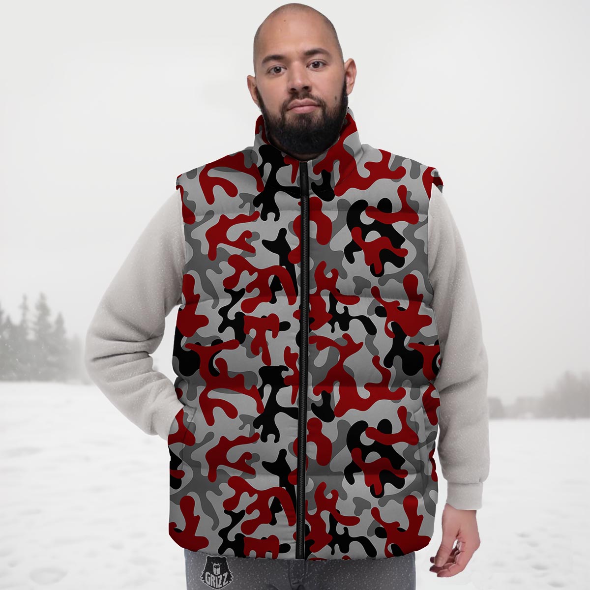 Camouflage Red Grey Print Pattern Down Vest-grizzshop