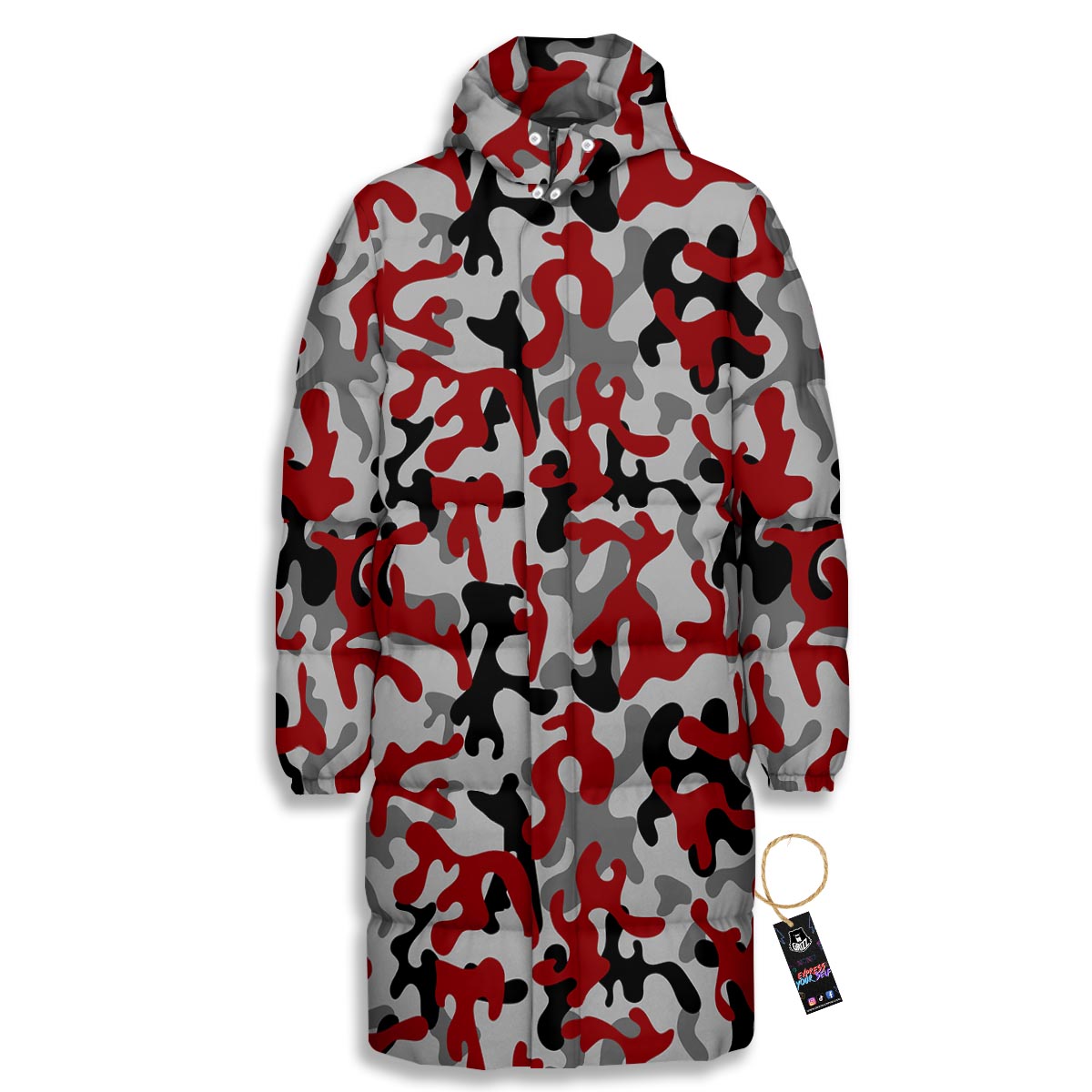 Camouflage Red Grey Print Pattern Long Down Jacket-grizzshop
