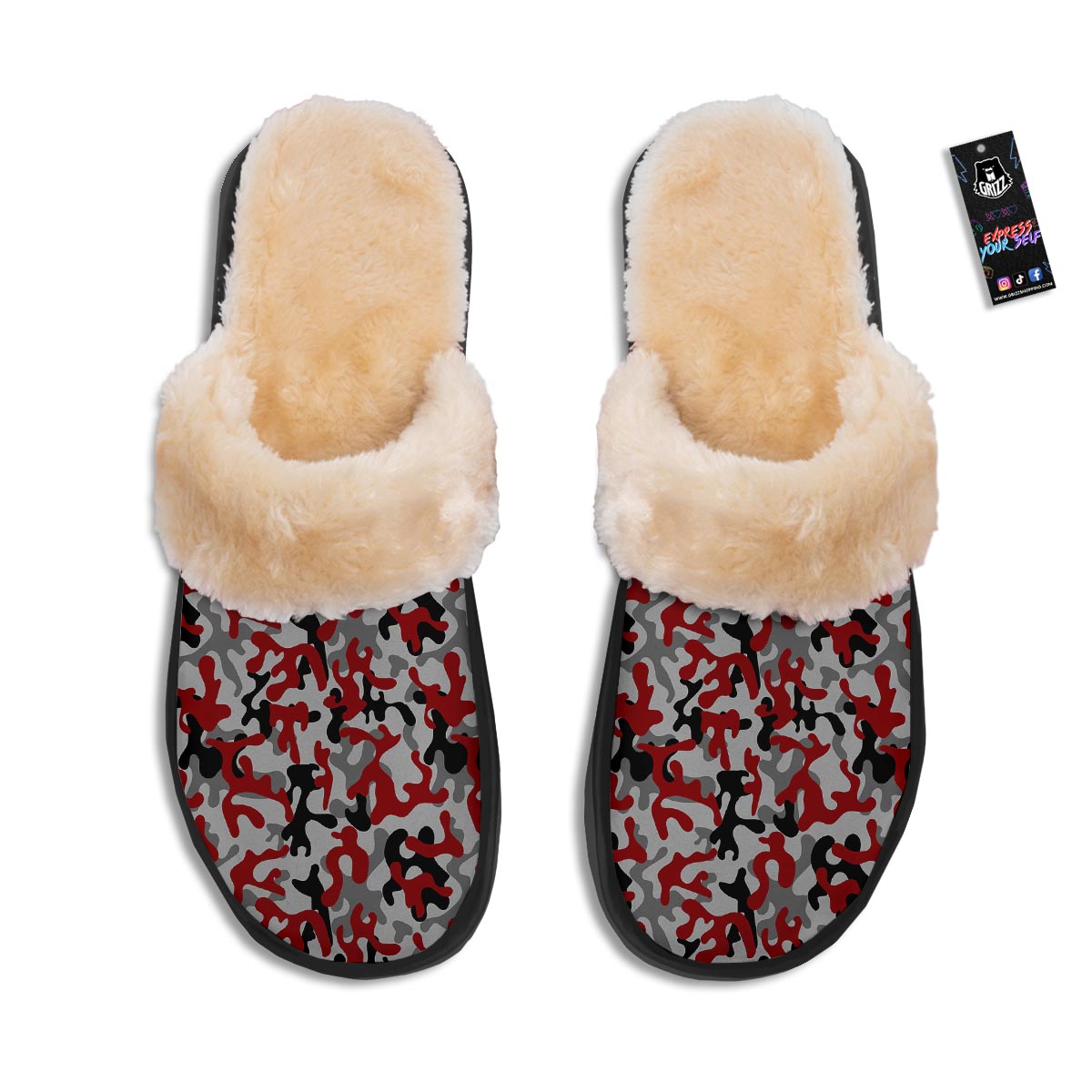 Camouflage Red Grey Print Pattern Slippers-grizzshop