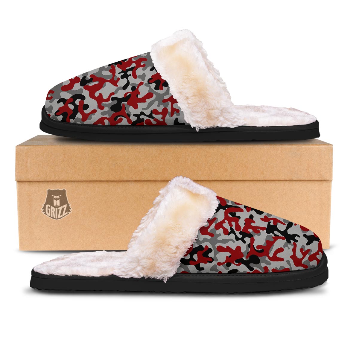 Camouflage Red Grey Print Pattern Slippers-grizzshop