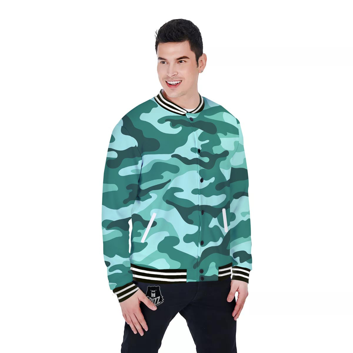Camouflage Teal Print Baseball Jacket-grizzshop