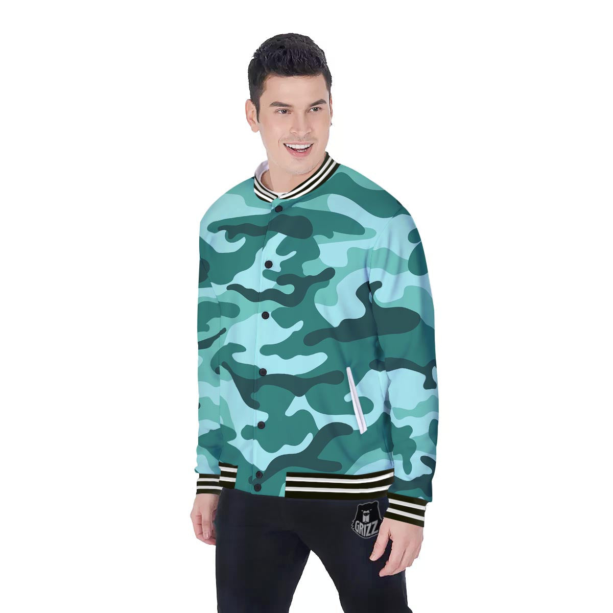 Camouflage Teal Print Baseball Jacket-grizzshop