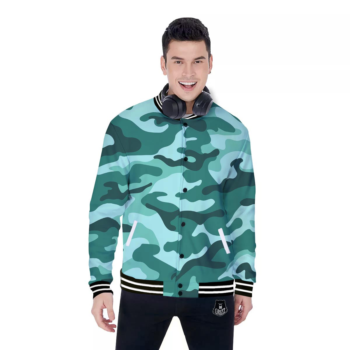 Camouflage Teal Print Baseball Jacket-grizzshop