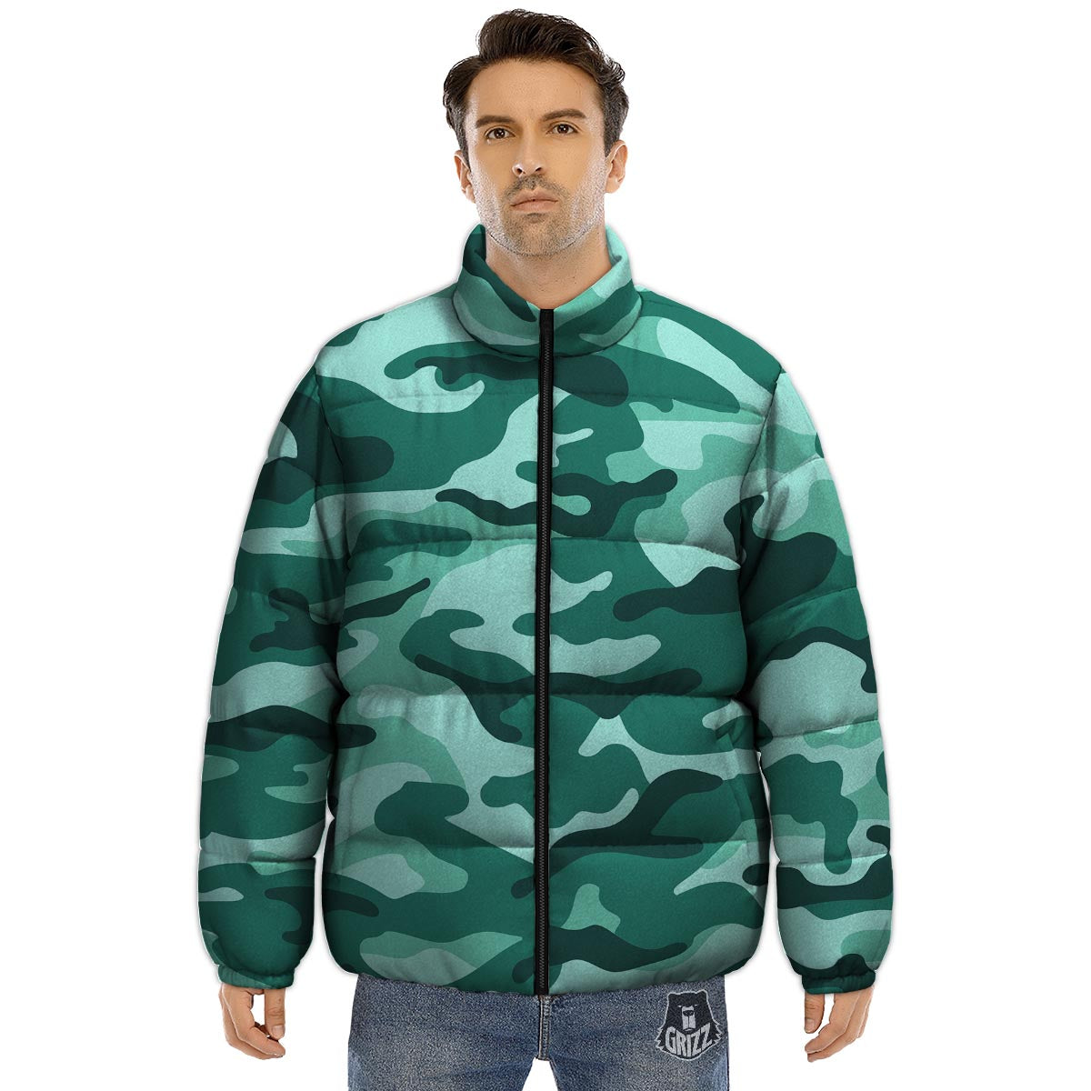 Camouflage Teal Print Puffer Jacket-grizzshop