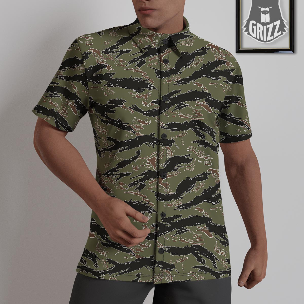 Camouflage Tiger Stripe Print Pattern Untucked Shirts-grizzshop