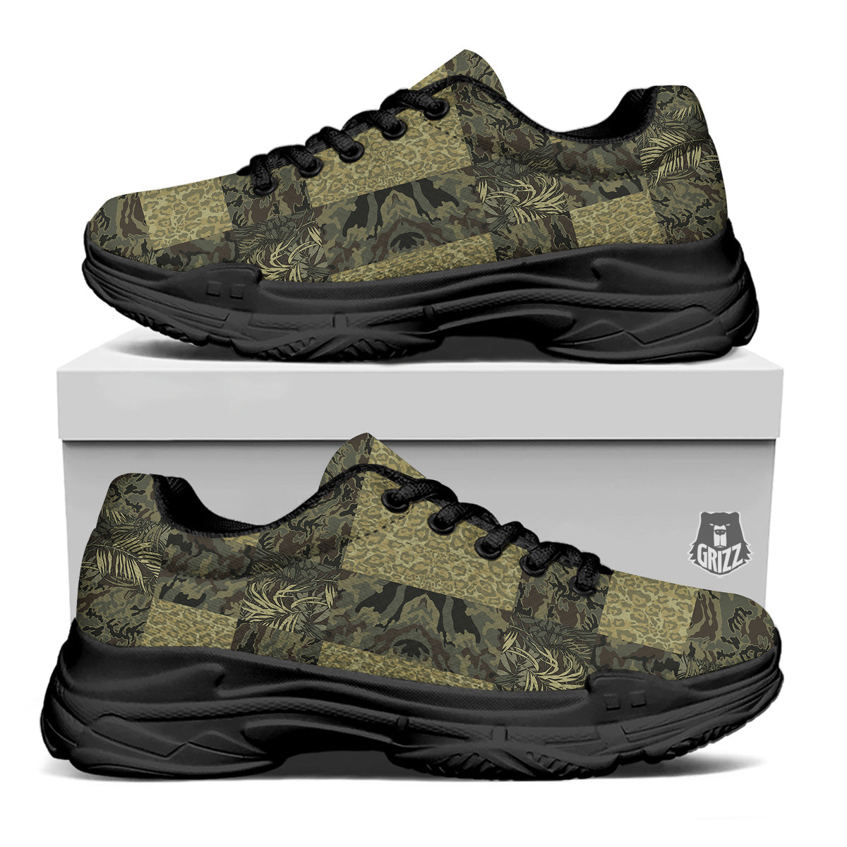 Camouflage Tropical And Leopard Print Pattern Black Chunky Shoes-grizzshop