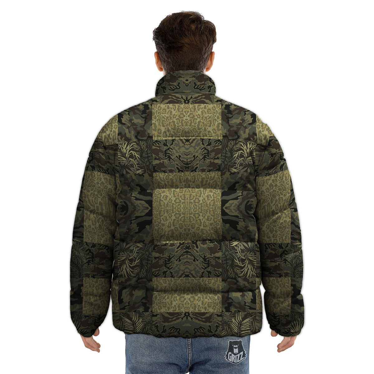 Camouflage Tropical And Leopard Print Pattern Puffer Jacket-grizzshop