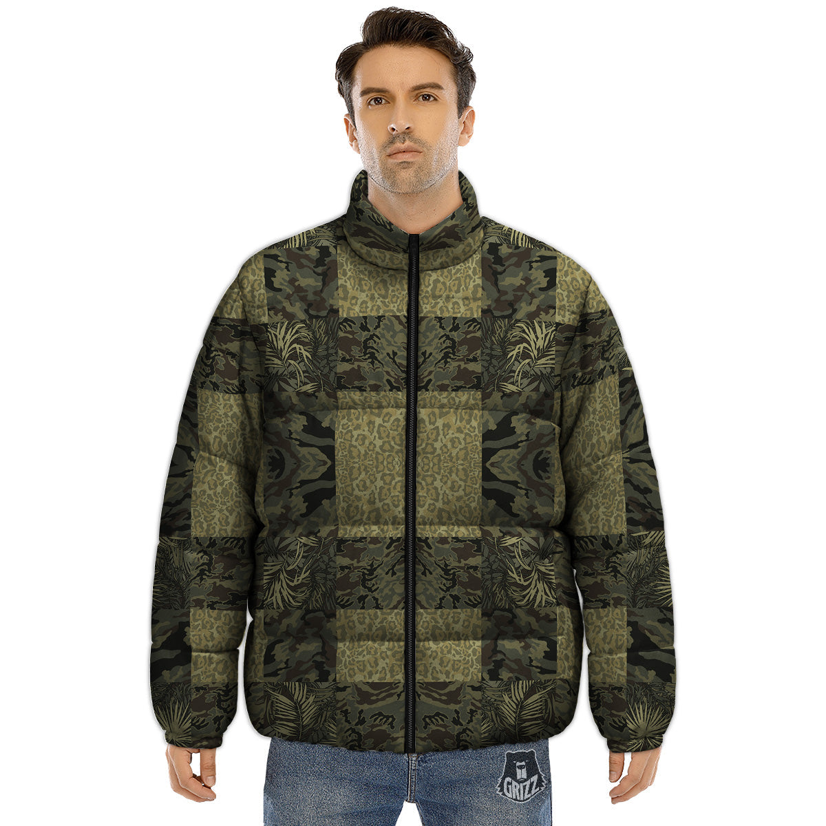 Camouflage Tropical And Leopard Print Pattern Puffer Jacket-grizzshop