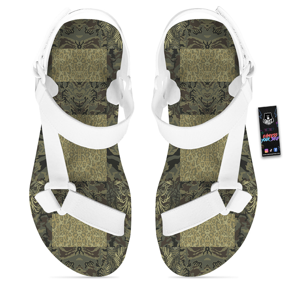 Camouflage Tropical And Leopard Print Pattern White Open Toe Sandals-grizzshop
