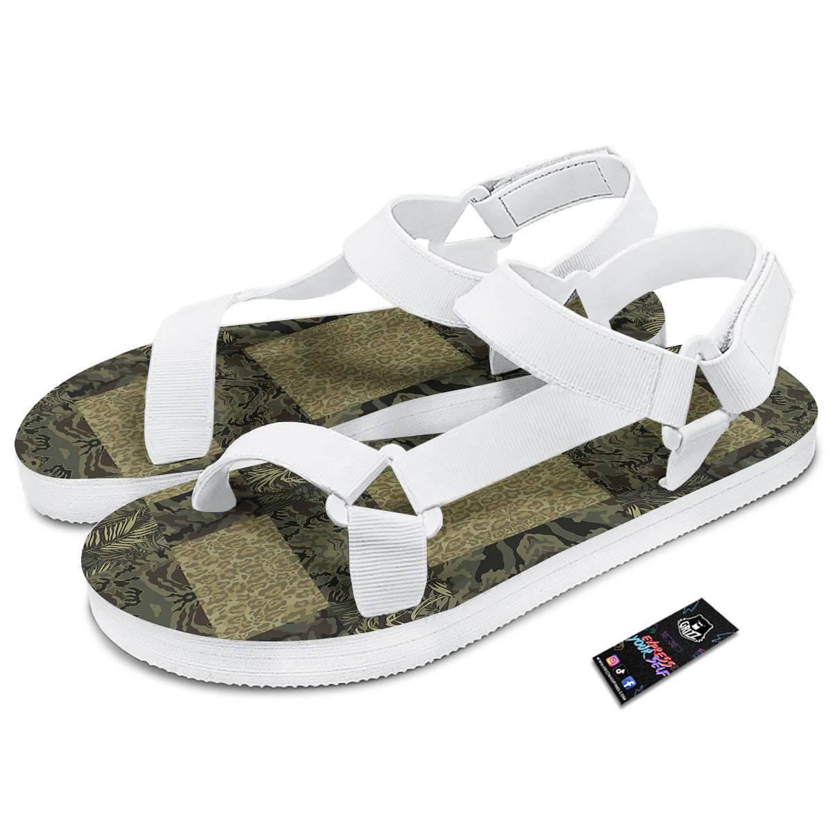Camouflage Tropical And Leopard Print Pattern White Open Toe Sandals-grizzshop