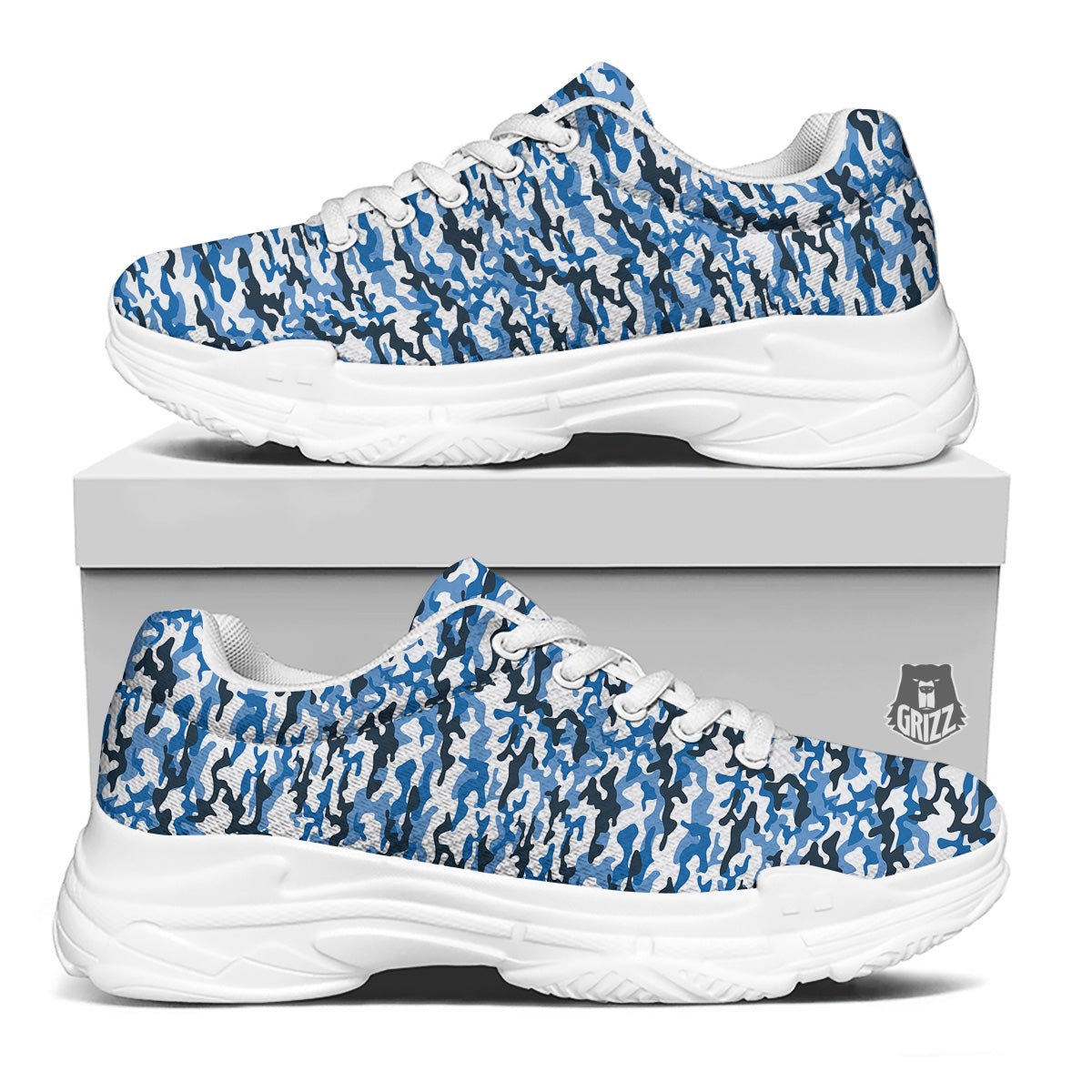 Camouflage White And Blue Print White Chunky Shoes-grizzshop