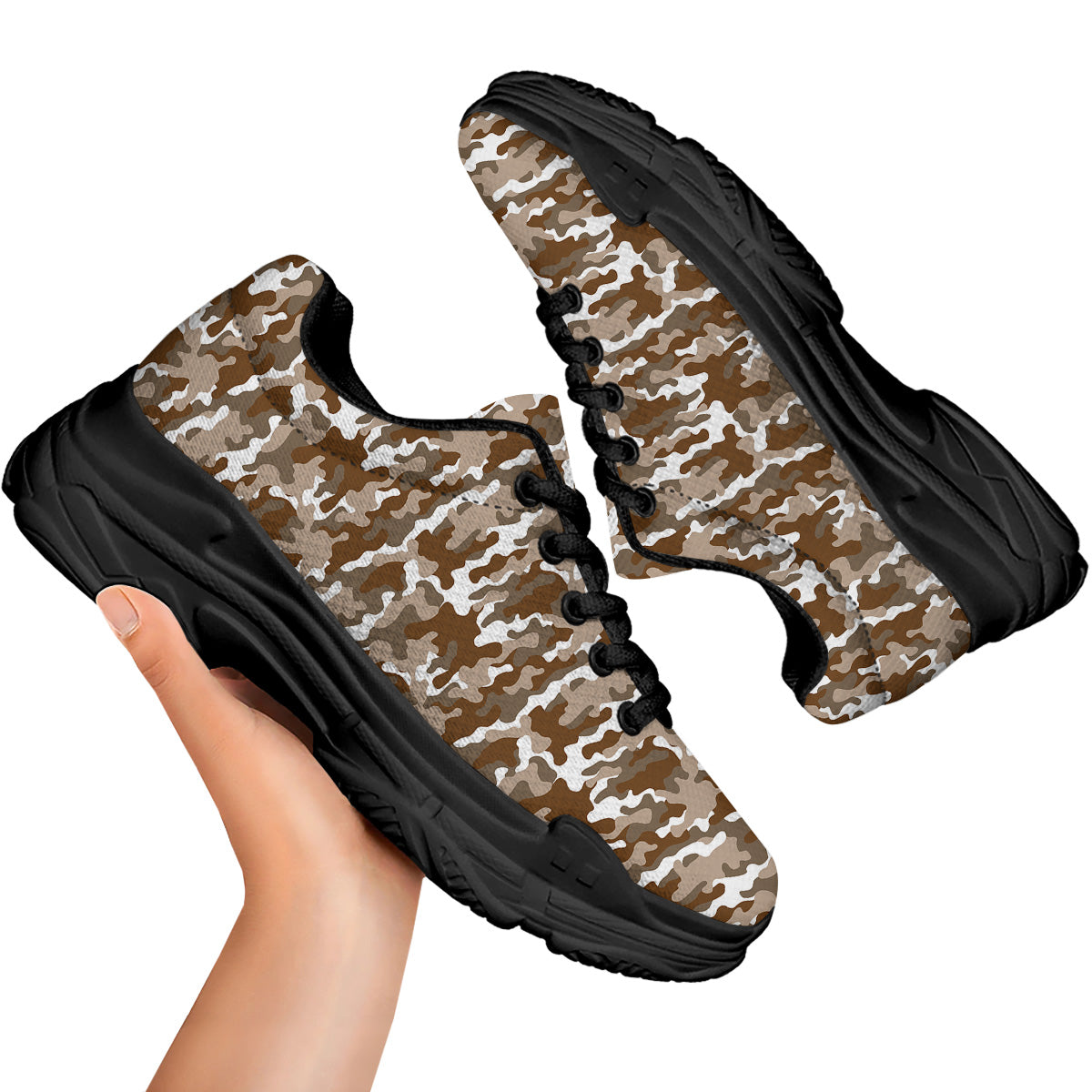 Camouflage White And Brown Print Black Chunky Shoes-grizzshop