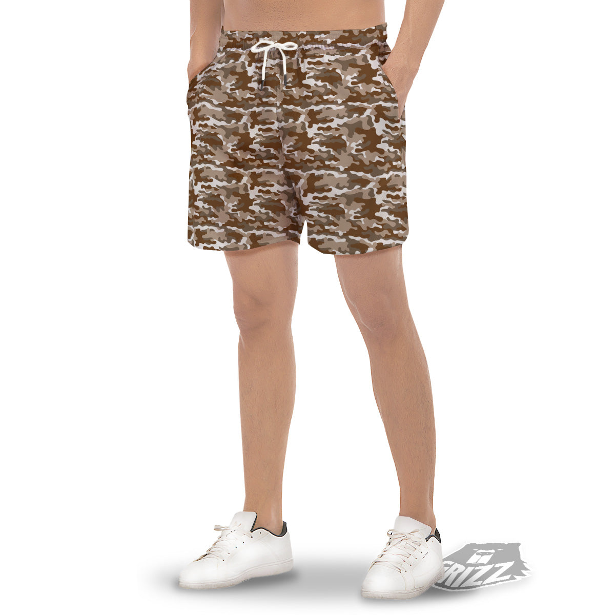 Camouflage White And Brown Print Men's Gym Shorts-grizzshop