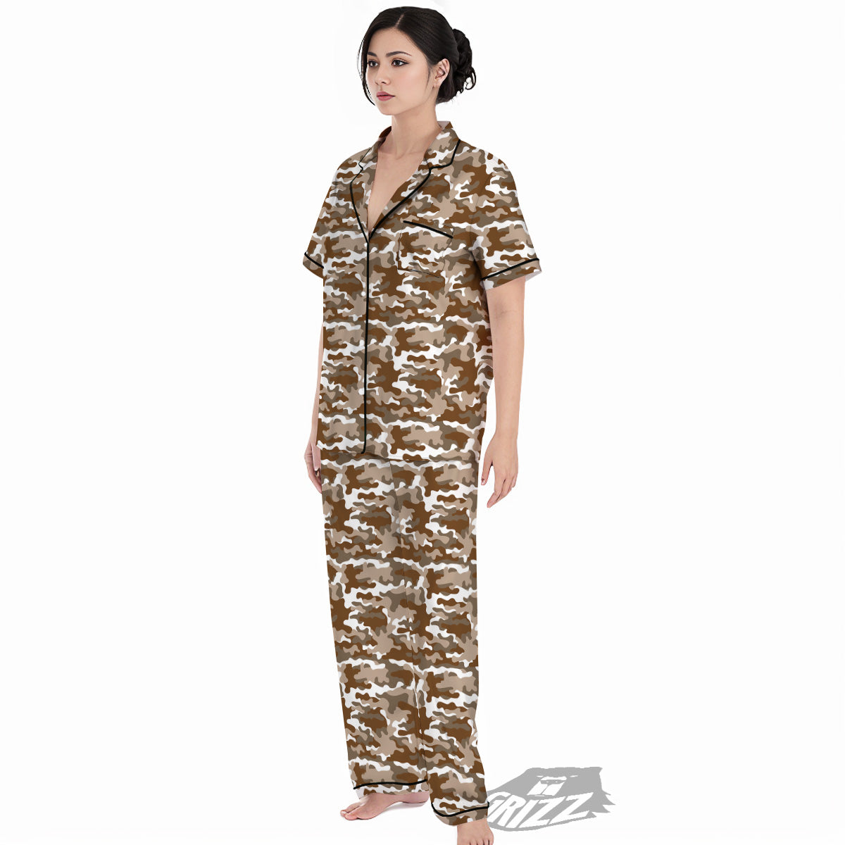 Camouflage White And Brown Print Women's Pajamas Set-grizzshop