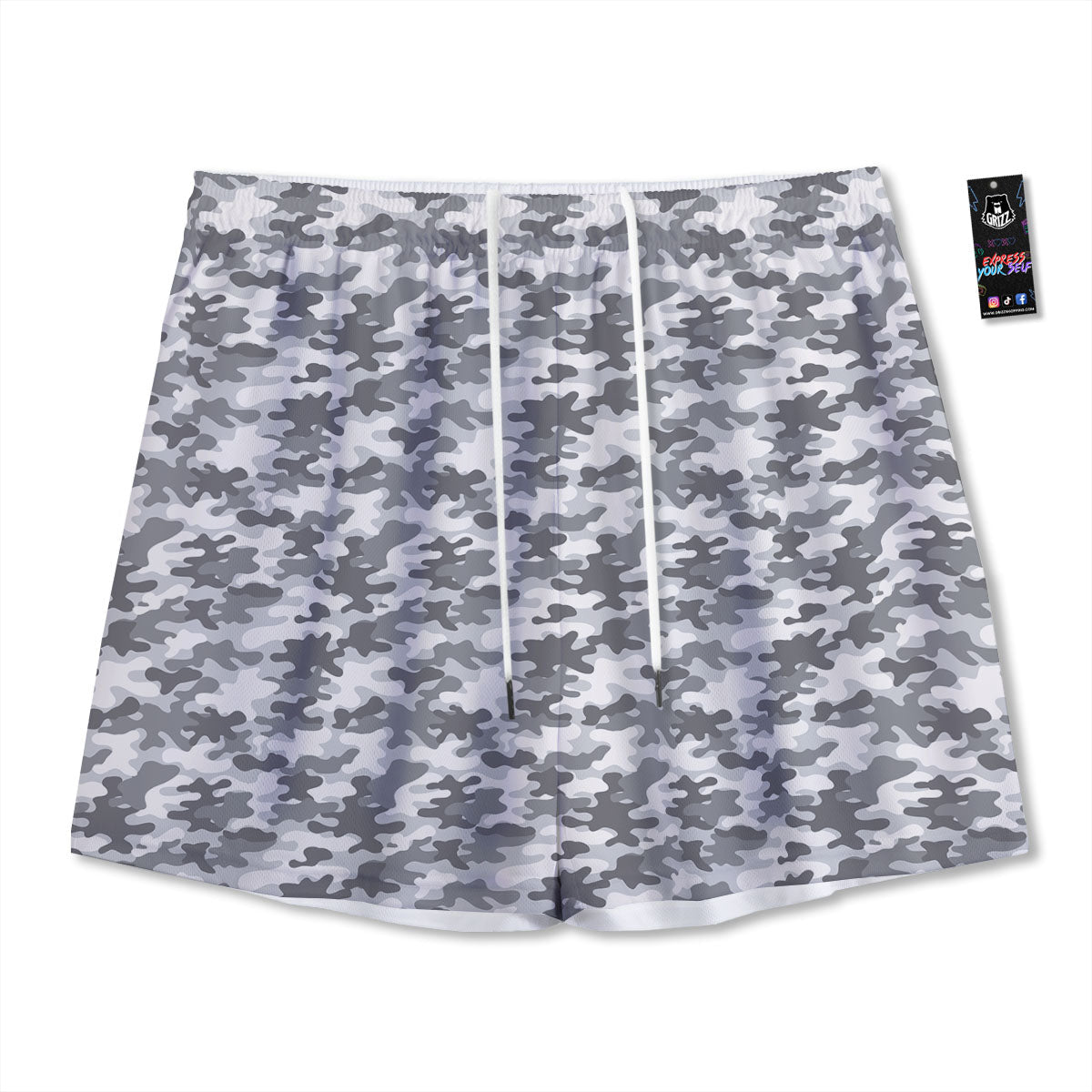 Camouflage White And Grey Print Mesh Shorts