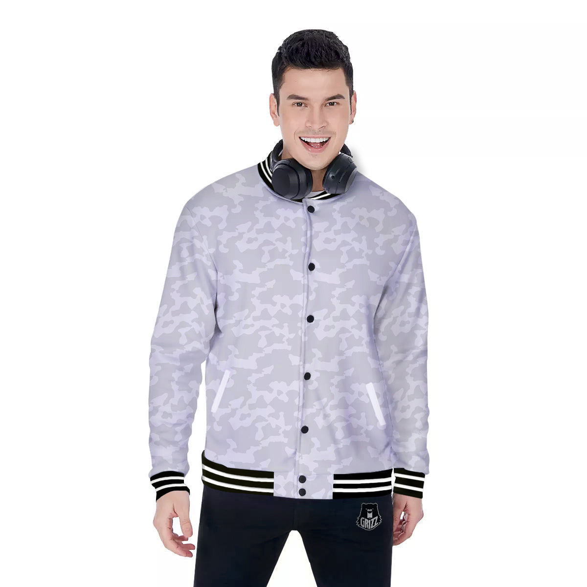 Camouflage White Snow Print Pattern Baseball Jacket-grizzshop