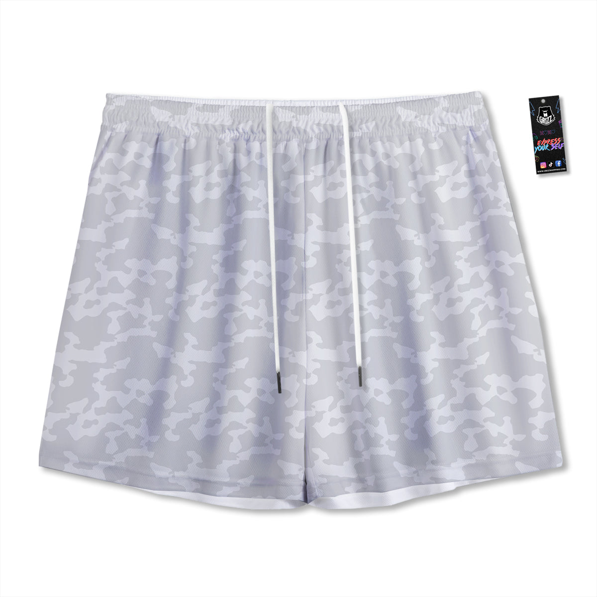 Camouflage White Snow Print Pattern Mesh Shorts