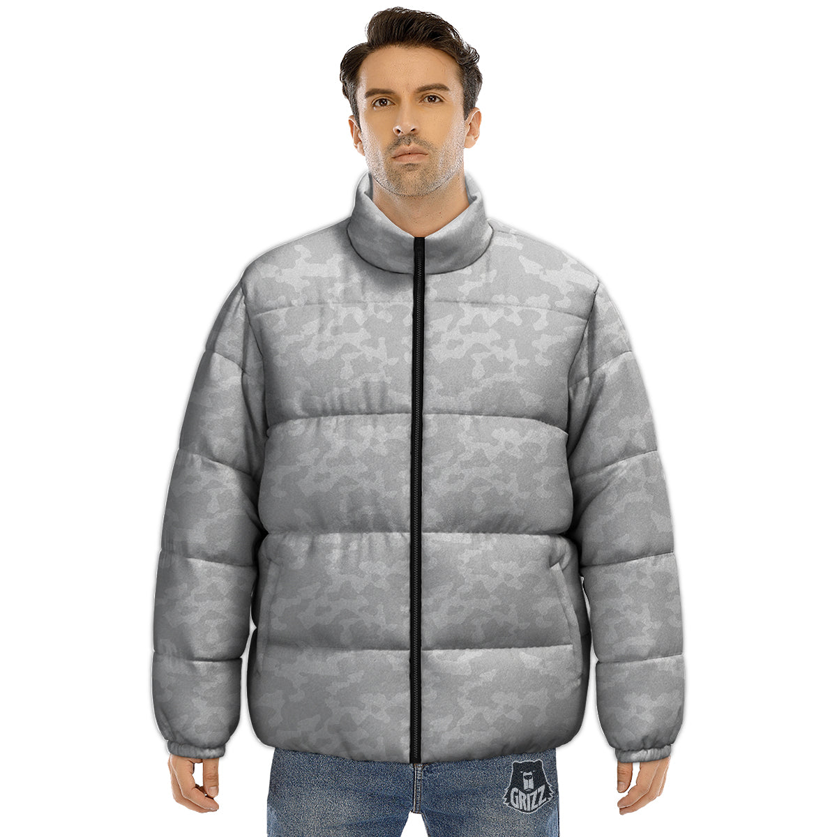 Camouflage White Snow Print Pattern Puffer Jacket-grizzshop