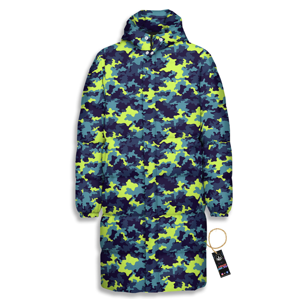 Camouflage Blue And Neon Green Print Pattern Long Down Jacket