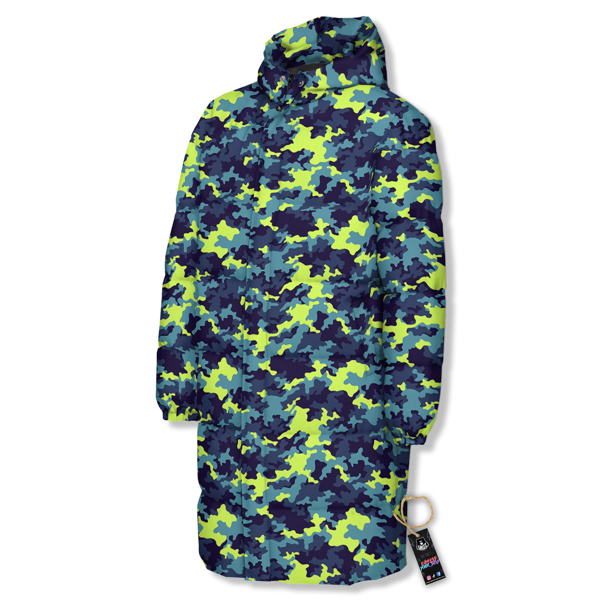 Camouflage Blue And Neon Green Print Pattern Long Down Jacket