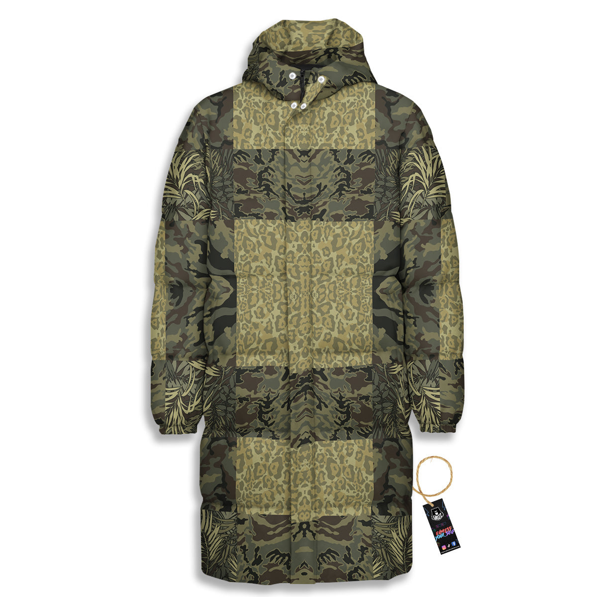Camouflage Tropical And Leopard Print Pattern Long Down Jacket