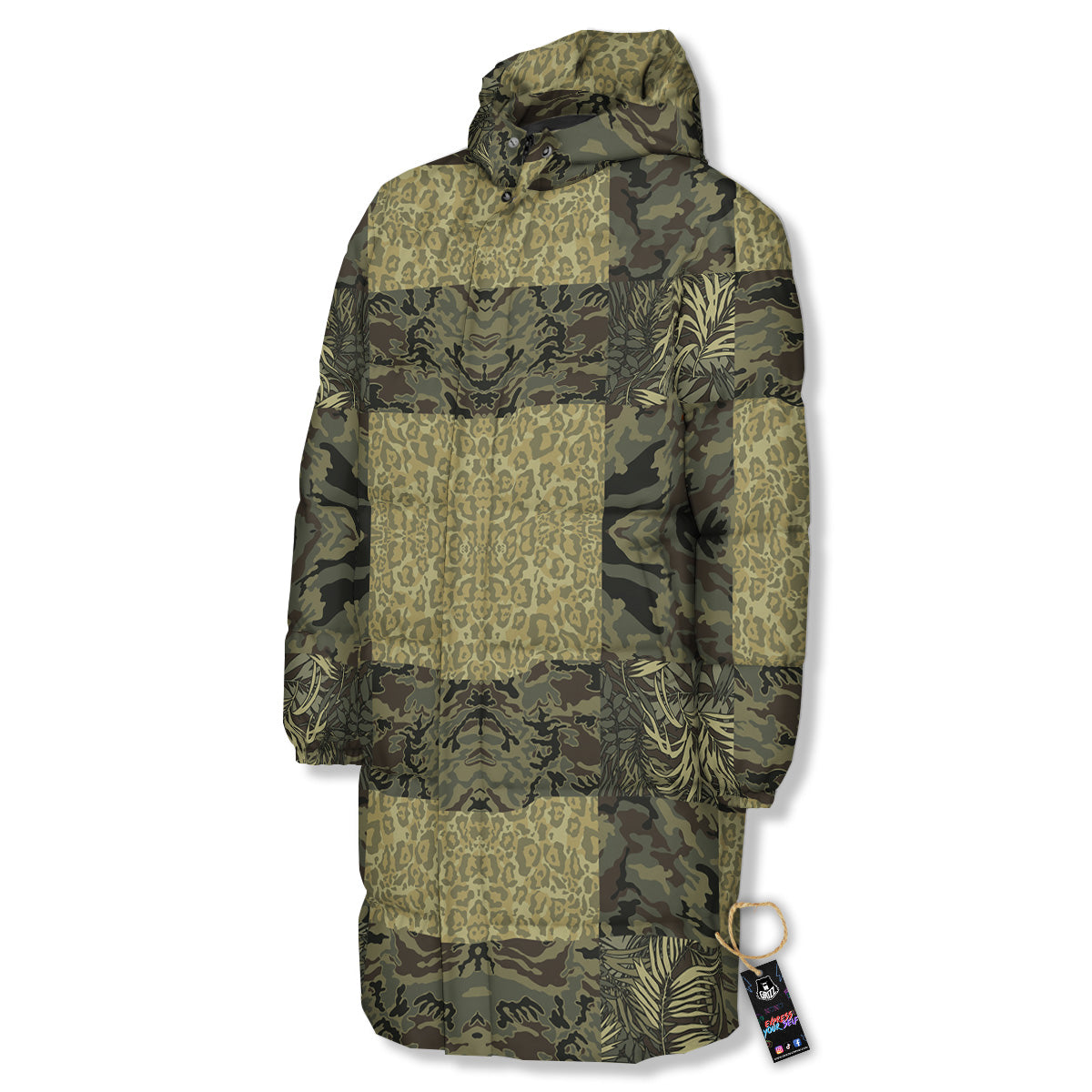 Camouflage Tropical And Leopard Print Pattern Long Down Jacket