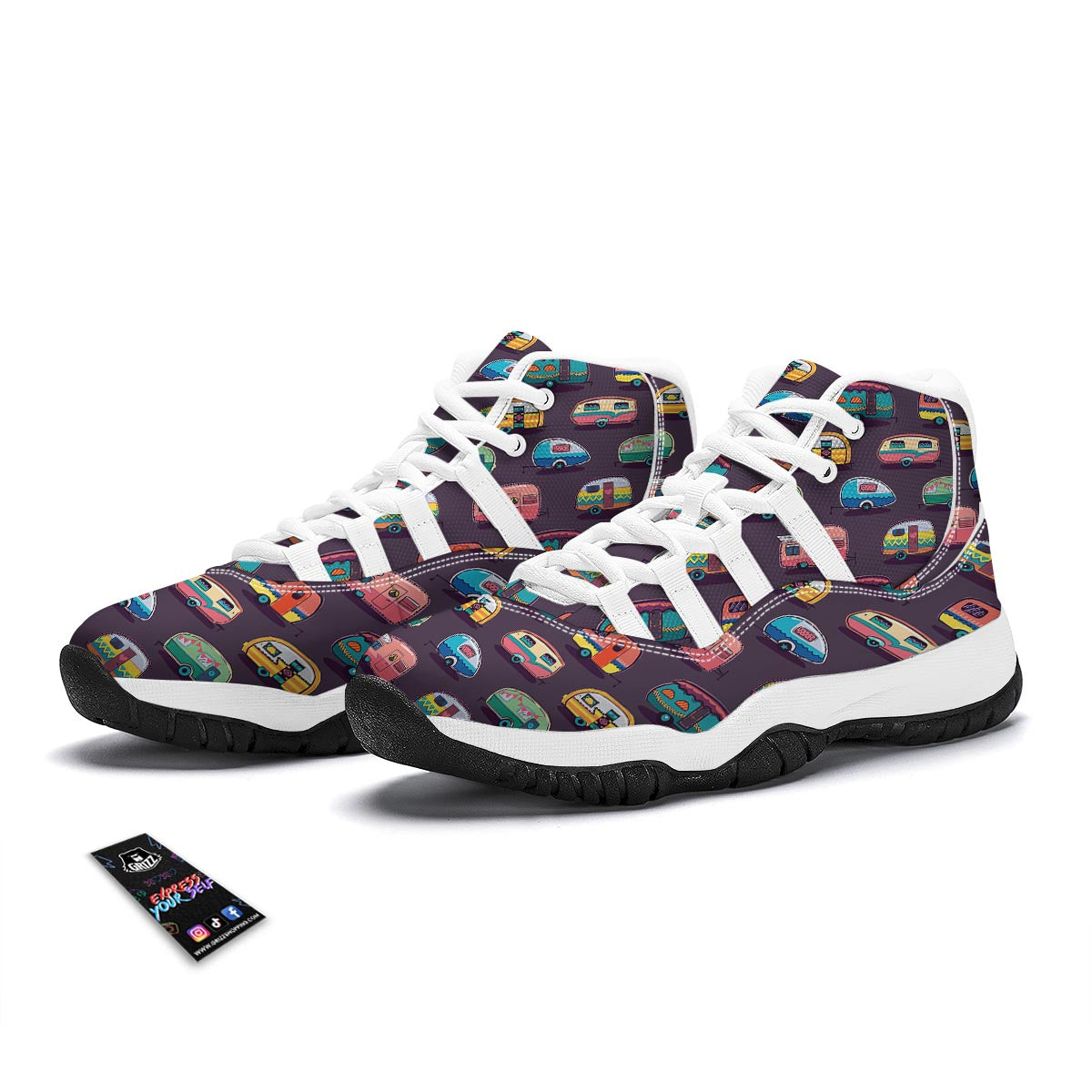 Camper Van Pattern Print White Bball Shoes-grizzshop