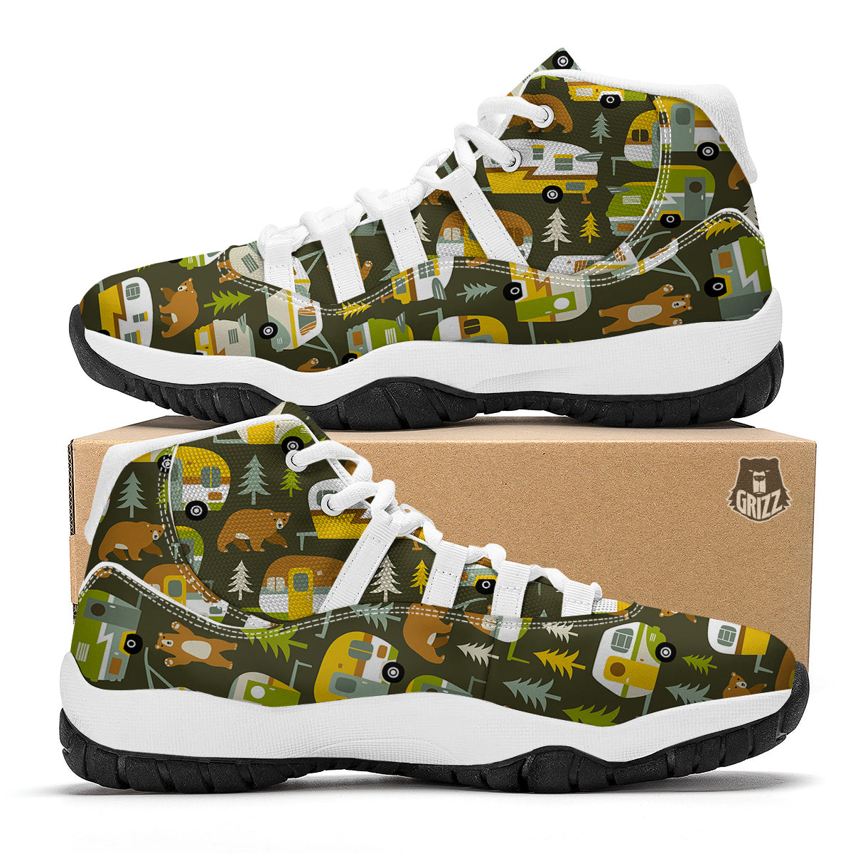 Camper Van Print Pattern White Bball Shoes-grizzshop